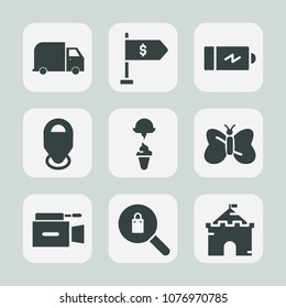 Premium set of fill icons. Such as clothes, battery, fashion, truck, power, shipping, woman, ice, transport, building, money, food, architecture, castle, film, camera, cream, microphone, nature, white