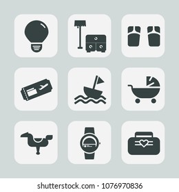 Premium set of fill icons. Such as pram, air, gadget, kid, holiday, object, baby, house, flight, yacht, room, interior, sofa, watch, beach, smart, ticket, footwear, energy, chair, electricity, bed