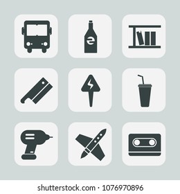 Premium set of fill icons. Such as book, energy, tool, electricity, steel, liquid, axe, power, audio, cold, beverage, vehicle, white, cassette, electric, juice, music, technology, object, spaceship