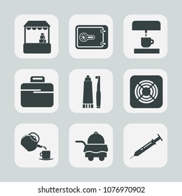 Premium set of fill icons. Such as shop, machine, briefcase, toothbrush, supermarket, coffee, toothpaste, food, fan, buy, cart, market, currency, case, safe, drink, health, air, grocery, brush, care