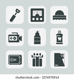 Premium set of fill icons. Such as sign, clean, paper, wave, safe, hygiene, gift, box, handle, celebration, file, camera, sun, dinner, signal, kitchen, film, holiday, money, document, radio, brush