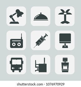 Premium set of fill icons. Such as laptop, restaurant, medical, furniture, internet, leaf, work, natural, radio, summer, service, machine, business, coconut, lamp, plate, plant, object, scan, dish, pc