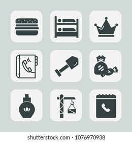 Premium set of fill icons. Such as construction, hotel, aroma, colorful, hostel, bottle, female, dessert, web, equipment, perfume, lolly, queen, sweet, drill, book, king, spray, candy, internet, room