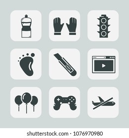 Premium set of fill icons. Such as background, internet, mop, plane, bucket, birthday, hand, game, decoration, lamp, glove, play, flight, child, sign, road, online, cutter, small, stop, clean, broom