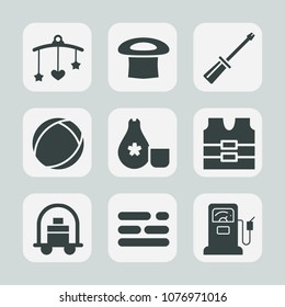 Premium set of fill icons. Such as luggage, cap, vest, station, nursery, gasoline, object, bed, table, equipment, hat, cuisine, child, safety, work, bellboy, clothing, layout, baby, japanese, mobile