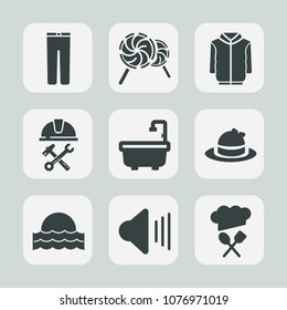 Premium set of fill icons. Such as male, work, casual, industry, trousers, sun, foreman, audio, style, stick, construction, site, striped, clothing, sunrise, shirt, headwear, occupation, sweet, helmet