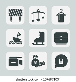 Premium set of fill icons. Such as bed, sail, sport, street, sailboat, ice, cute, crib, toy, candy, road, child, hanger, food, call, boat, ringing, television, camera, background, nursery, hang, sign