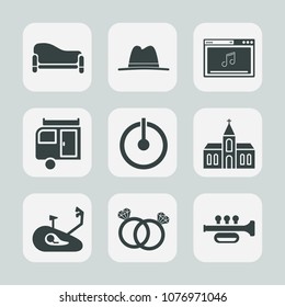 Premium set of fill icons. Such as media, architecture, bike, object, sofa, sign, button, fitness, online, interior, religion, comfort, journey, power, hat, religious, trailer, church, young, ring