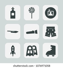 Premium set of fill icons. Such as rocket, white, dessert, drink, sport, shorts, lollipop, launch, sweet, torch, template, television, knife, wear, night, technology, object, equipment, flashlight, tv