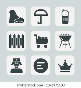 Premium set of fill icons. Such as communication, digital, grill, border, mobile, crown, umbrella, app, sign, metal, wall, fence, bbq, office, old, menu, barbecue, button, barrier, meteorology, black