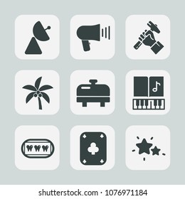 Premium set of fill icons. Such as radio, speaker, white, music, heater, home, musical, builder, boiler, note, equipment, poker, healthy, tropical, play, network, audio, leaf, construction, sky, work