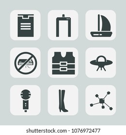 Premium set of fill icons. Such as voice, vest, package, protective, technology, song, ufo, conditioner, travel, atom, music, sea, jacket, boat, alien, air, microphone, fashion, chemistry, sailboat