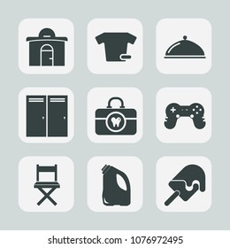 Premium set of fill icons. Such as sweet, entrance, home, architecture, joystick, cream, ice, service, game, t-shirt, care, clothes, dish, concept, open, house, doorway, interior, seat, restaurant
