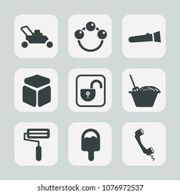 Premium set of fill icons. Such as toy, food, child, roll, infant, kid, bulb, unlock, lawnmower, icecream, object, flashlight, tool, square, cut, security, night, chinese, lawn, rattle, light, mover