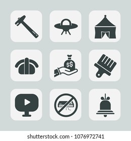 Premium set of fill icons. Such as circus, sack, spanner, wrench, conditioner, notification, sign, video, tool, alarm, fun, recreation, alert, business, sushi, work, bell, construction, tent, repair