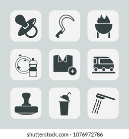 Premium set of fill icons. Such as stamp, shower, white, kid, work, garden, child, farm, broom, little, childhood, train, shirt, tool, sausage, cup, soother, small, barbecue, beverage, drink, grill