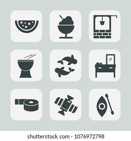 Premium set of fill icons. Such as station, percussion, fruit, bucket, musical, home, furniture, antique, cone, fresh, well, fish, cabinet, rural, planet, kayaking, village, sticky, vegetarian, water