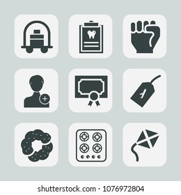 Premium set of fill icons. Such as oven, cook, kitchen, tag, stove, cart, award, cake, trolley, baggage, suitcase, add, concept, medicine, leisure, doughnut, bellboy, hotel, hygiene, sign, member, gas
