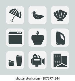 Premium set of fill icons. Such as can, doughnut, video, internet, black, drink, web, estate, sugar, umbrella, cake, open, website, real, equipment, shell, cup, sky, parasol, flight, weather, white