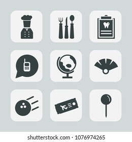 Premium set of fill icons. Such as planet, sport, plane, fun, flight, kitchen, medical, sign, fork, telephone, pin, head, chief, drop, fan, medicine, airplane, dinner, bowling, call, dentist, phone