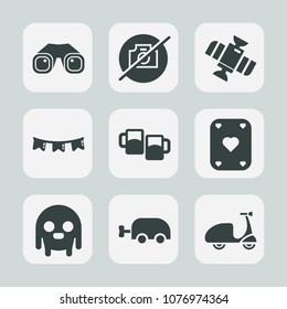 Premium set of fill icons. Such as play, carriage, baby, satellite, game, happy, science, bicycle, photo, fiction, sport, bike, picture, bar, celebration, poker, alien, military, tool, space, shuttle