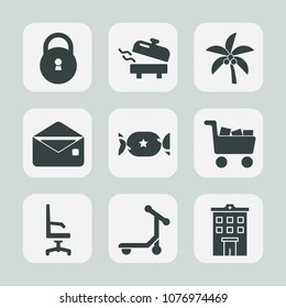 Premium set of fill icons. Such as vehicle, food, lollipop, protection, key, message, leaf, tropical, envelope, real, palm, summer, mail, lock, water, letter, chair, equipment, armchair, tree, heater