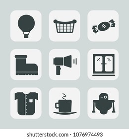 Premium set of fill icons. Such as cappuccino, food, cafe, parachute, megaphone, robot, cup, object, white, shirt, new, air, fashion, communication, skydiver, furniture, futuristic, home, container
