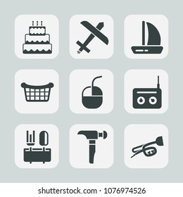 Premium set of fill icons. Such as dessert, device, bakery, technology, restaurant, aircraft, equipment, aviation, boat, pie, airplane, hammer, sugar, ship, music, construction, fly, store, spoon, saw