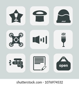 Premium set of fill icons. Such as alcohol, drink, edit, award, cap, play, camera, speaker, write, object, business, fashion, competition, sound, champion, winner, open, control, store, hat, clothing