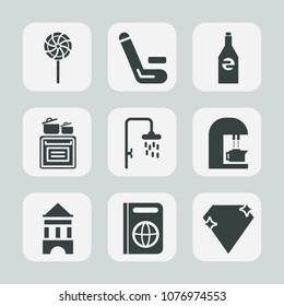 Premium set of fill icons. Such as championship, coffee, clean, travel, object, glass, food, candy, liquid, kitchen, sweet, lollipop, cricket, lolly, bottle, dessert, player, match, gem, passport