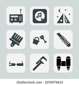 Premium set of fill icons. Such as art, melody, technology, radio, cutter, paintbrush, leisure, space, web, drawing, craft, tent, graphic, rocket, repair, paint, nature, outdoor, service, adventure