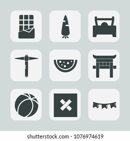 Premium set of fill icons. Such as happy, vehicle, fresh, vegetable, orange, chocolate, japan, bar, candy, torii, dessert, ball, carrot, travel, shrine, construction, football, car, soccer, automotive
