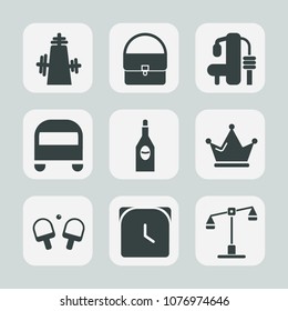 Premium set of fill icons. Such as weight, gym, alcohol, crown, balance, queen, machine, accessory, drink, royal, bus, tennis, clock, exercise, watch, time, kitchen, vehicle, sport, red, hour, object