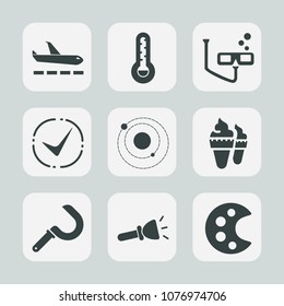 Premium set of fill icons. Such as harvesting, lamp, sport, sickle, flight, art, agriculture, dessert, light, airport, luggage, fahrenheit, drawing, shine, airplane, meteorology, sweet, sea, palette