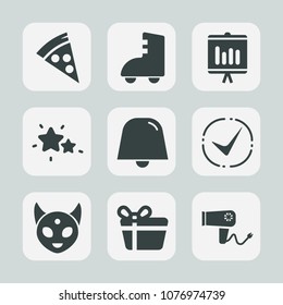 Premium set of fill icons. Such as sport, space, fiction, celebration, blue, roller, care, pizza, hairdryer, gift, box, lunch, star, sky, skating, night, present, restaurant, cheese, astronomy, graph