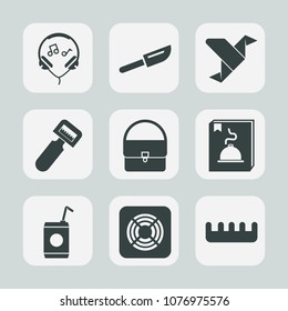 Premium set of fill icons. Such as paper, listen, dinner, glass, art, liquid, kitchen, beauty, vegetable, tool, audio, comb, brush, metal, drink, bag, earphone, meal, music, white, sign, knife, fork