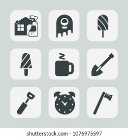 Premium set of fill icons. Such as cleaner, mop, snack, ice, hammer, ufo, extraterrestrial, frozen, hot, kitchen, housework, spoon, house, creature, dessert, equipment, character, clock, shovel, watch