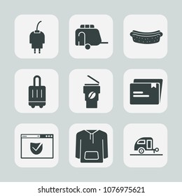 Premium set of fill icons. Such as vacation, jacket, cable, power, railway, luggage, trailer, caravan, transportation, drink, energy, journey, web, check, airport, clothing, technology, document, car