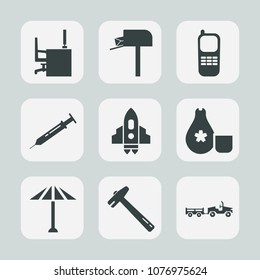 Premium set of fill icons. Such as box, top, mailbox, post, japan, equipment, technology, hammer, food, delivery, cuisine, spanner, wrench, telephone, spaceship, white, wagasa, communication, truck