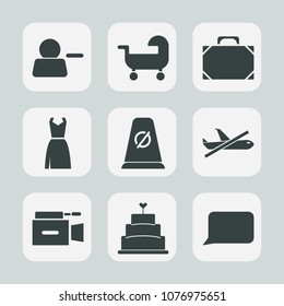 Premium set of fill icons. Such as carriage, speech, baby, accessory, travel, leather, female, talk, dress, flight, cake, white, background, interface, account, sweet, bubble, road, pie, street, style