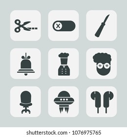 Premium set of fill icons. Such as power, spaceship, off, hipster, space, reminder, chief, electrical, control, interior, turn, alert, style, deactivate, call, technology, spacecraft, knife, electric