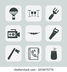 Premium set of fill icons. Such as internet, knife, saw, sound, tool, instrument, musical, accessory, handle, camera, food, video, work, spoon, percussion, jewelry, sport, skydiving, equipment, book