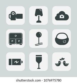 Premium set of fill icons. Such as photo, drink, wine, modern, decoration, drawer, backpack, dove, photographer, pin, technology, lens, electricity, bird, lamp, camera, equipment, rucksack, object
