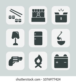 Premium set of fill icons. Such as container, customer, pistol, sushi, soup, lamp, hot, box, rice, market, fish, supermarket, pack, roll, home, food, bonfire, fireplace, firearm, seafood, full, dinner