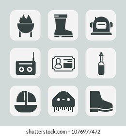 Premium set of fill icons. Such as brown, helmet, ufo, identity, laboratory, fire, fashion, ship, medicine, boot, bbq, food, science, sausage, media, grill, radio, tool, monster, cosmonaut, id, space