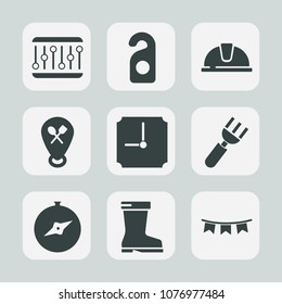 Premium set of fill icons. Such as volume, spoon, quiet, dinner, door, construction, equipment, leather, hotel, fork, helmet, footwear, work, privacy, service, room, location, compass, label, style