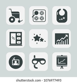 Premium set of fill icons. Such as television, heat, business, nature, cook, scuba, concept, wheelchair, oven, sport, annual, disabled, stove, handicap, baby, astronomy, rattle, technology, furniture