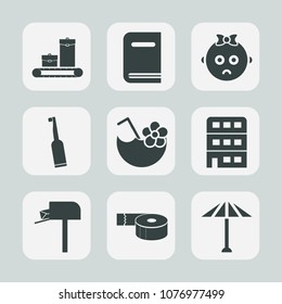 Premium set of fill icons. Such as city, glass, mailbox, baby, book, library, juice, cocktail, literature, adhesive, culture, brush, sticky, cute, textbook, suitcase, summer, sad, kid, mail, tape, bag