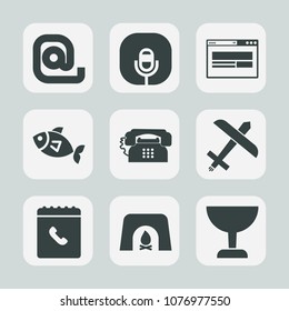 Premium set of fill icons. Such as radio, message, telephone, microphone, envelope, search, mic, air, home, fire, mobile, airplane, christmas, aircraft, internet, sign, email, white, animal, warm, sea