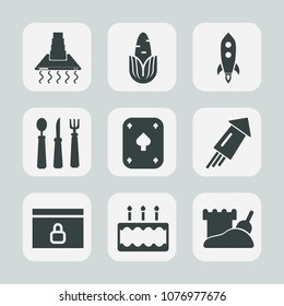Premium set of fill icons. Such as pie, play, rocket, sign, organic, hood, healthy, sweet, lock, knife, equipment, celebration, kitchen, website, festival, vegetable, spaceship, diet, launch, cake